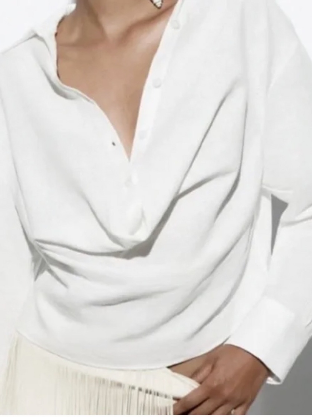 Zara White Linen Draped Collar Button-Down Blouse - Picture 5 of 8